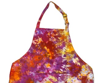 Ice dye apron with pockets and adjustable neck, tie dye apron for chef or baker or artist or mom, tie dye Christmas gift - fiery purple