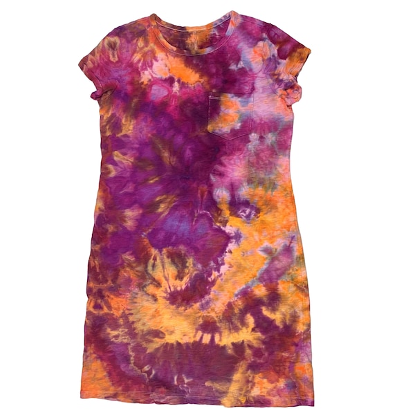 Small ice dye t-shirt dress, womens tee shirt mini dress for festivals or summer style, tie dye beach dress or house dress - purple orange