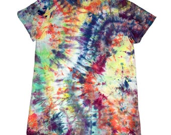 Large ice dye t-shirt dress: hand-dyed tie dye cotton mini dress - colorful flow