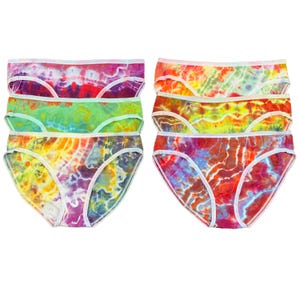 Medium tie dye panties, ice dye bikini cut underwear in comfortable stretch cotton, fun colorful hand dyed underwear for women