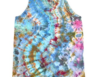 Large ice dyed tank top, unisex 100% cotton tie dye sleeveless tank - tide pool