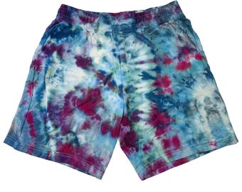 Small ice dye shorts: unisex tie dye cotton loungewear  - berry sea