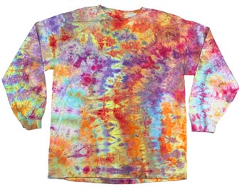 Large ice dye long sleeve t-shirt: unisex handmade tie-dye tee - wild papaya