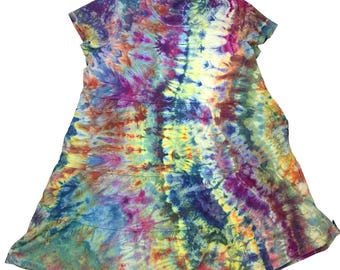 XL ice dye mini dress: hand-dyed tie dye cotton tiered dress with pockets - bold multi