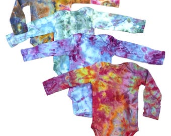 Bodys de bebé teñidos con hielo (0-3 meses), monos unisex de algodón de manga larga con teñido anudado