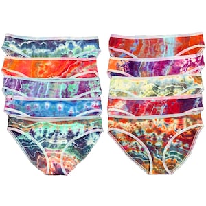 XL tie dye panties, ice dye bikini cut underwear in comfortable stretch cotton, fun colorful hand dyed underwear for women