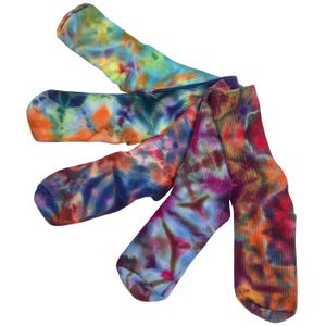 Tie dye socks, unisex cotton ice dye crew socks for women or men, colorful fun socks in 8 color ways, boho stocking stuffer or artsy gift