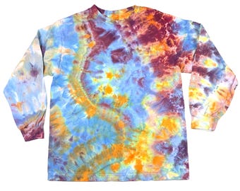 Medium ice dye long sleeve t-shirt: unisex handmade tie-dye tee - colorful blue