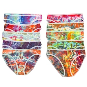 Large tie dye panties, ice dye bikini cut underwear in comfortable stretch cotton, fun colorful hand dyed underwear for women