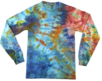 Small ice dye long sleeve tee, unisex tie dye crewneck for men or women, colorful boho long sleeve t-shirt for loungewear - rust & water