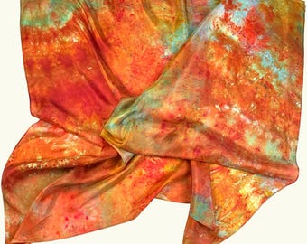 Large hand dyed silk scarf, 35 x 35 in colorful habotai silk - mars