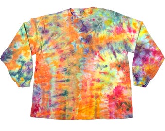 2X ice dye long sleeve t-shirt: unisex handmade tie-dye tee - multi orange