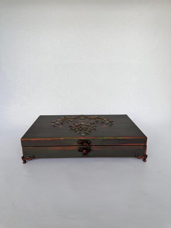 Scatola Portaoggetti In Legno Con Coperchio - 26x20x6 Cm, Vintage, Per Gioielli O Decorazione - Foto 6