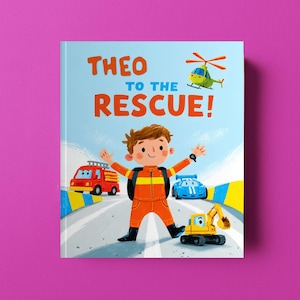 May include: A children's book titled Theo to the Rescue! featuring a light blue cover with a central character in an orange jumpsuit, a red fire truck, a blue sports car, a yellow excavator, and a green helicopter flying in the sky above.
