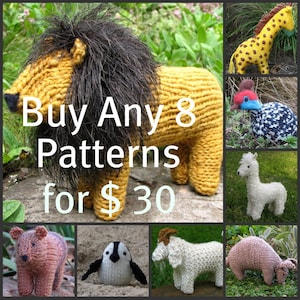 Puede incluir: Un collage de ocho juguetes de animales de punto, incluyendo un león, una jirafa, un pájaro, una llama, un pingüino, una cabra, un oso y un cerdo. El texto "Buy Any 8 Patterns for $30" está superpuesto en la imagen.