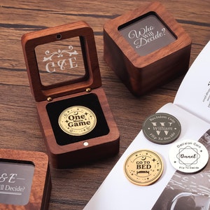 Pièce personnalisée avec boîte en bois - Pièce de décision pour couple, pièce de monnaie gravée pour couple, cadeau parfait pour une femme pour la Saint-Valentin ou un anniversaire