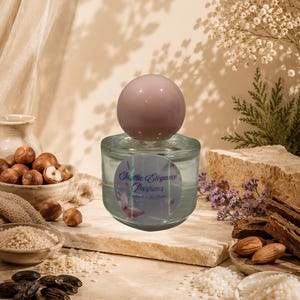 Puede incluir: Un frasco de perfume de vidrio transparente con una tapa esférica rosa claro. El frasco tiene una etiqueta que dice "Jaytie Elegance Parfums". La imagen incluye cuencos con nueces, semillas y especias, lo que sugiere un tema de fragancia natural.