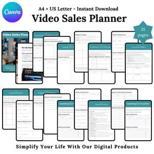 Plantilla de ventas de videos, seguimiento de ventas de cursos en video, plantillas de Canva para videos de redes sociales, planificador editable e imprimible, descarga instantánea