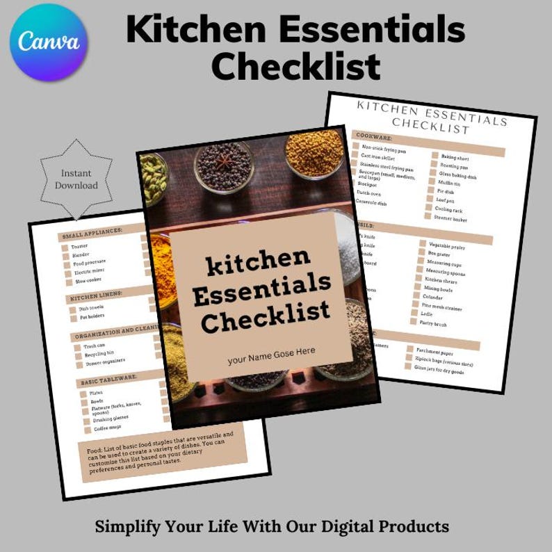 Kitchen Essentials Checklist, Kitchen Accessories Printable Checklist ...