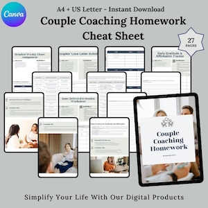 May include: A digital product cheat sheet for couples coaching homework. The image shows a digital tablet displaying a worksheet titled "Couple Coaching Homework" with a couple on the screen. The tablet is surrounded by 27 pages of worksheets, including "Detailed Weekly Chore Assignment", "Couples' Love Letter Activity", and "Daily Gratitude & Affirmation Tracker".