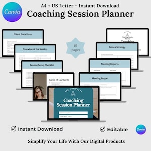 May include: A Canva coaching session planner template with 19 pages. The template is displayed on a laptop screen and includes sections for client data, session overview, setup checklist, future strategy, meeting reports, and a table of contents. The template is editable and available for instant download.
