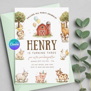 May include: A farm-themed birthday invitation with the text "HENRY IS TURNING THREE." The invitation features illustrations of farm animals, a red barn, and trees. The text "CALLING ALL PARTY ANIMALS!" is at the top. The invitation is on a white background.