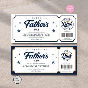 May include: Two rectangular Father's Day gift vouchers measuring 8 inches by 3.5 inches. The white tickets feature dark blue text reading Happy Father's Day, Best Dad Ever, and Love Zak & Lia, with star accents, a barcode, and a crown graphic.