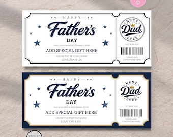 Plantilla editable de vale de regalo para el Día del Padre, certificado de regalo imprimible para papá, cupón personalizado, editable en Canva, descarga instantánea.