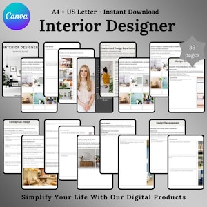 May include: A digital guide for interior designers, featuring 39 pages of design tips and advice. The guide includes sections on conceptual design, customized design experience, and design development. The cover features a photo of a woman with a neutral background.