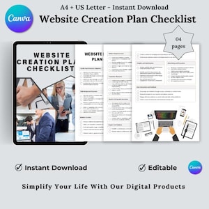 May include: A checklist for website creation with four pages. The checklist includes sections for website plan, main requirements, protective measures, website design and structure, quality testing and assurance, moderation, support and updates, website optimization and branding, insights and analytics, advertising and promotion, and user interaction and feedback.