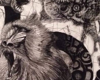 May include: A detailed black and white pencil drawing featuring a baboon with an open mouth, surrounded by grotesque faces. The artwork has a surreal, nightmarish quality, with intricate linework and shading.