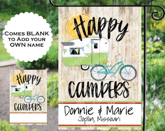 Happy Camper, Bicycle Garden Flag sublimation design downloads, PNG, Digital Clipart- Add your own name