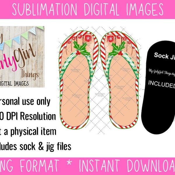 Christmas Peppermint/Holly flip flop Sock Sublimation digital download, free sock jig included, Christmas Socks