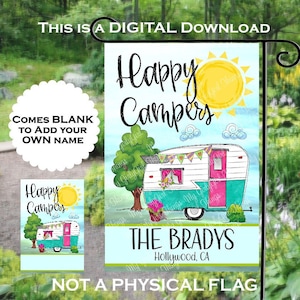 Descargas de diseño de sublimación de bandera de jardín Happy Camper, PNG, clipart digital: agrega tu propio nombre