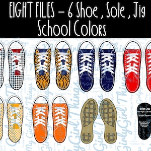 May include: Eight digital files for creating custom shoes. The files include six different shoe designs in school colours, a sole design, and a sock jig. The shoe designs include black and white houndstooth, black and orange zebra print, navy blue, red, yellow and orange chequered, and orange.