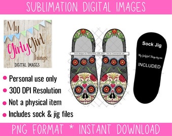 Sugar Skull feet sock png image, Day of the Dead sock, Halloween Sock sublimation designs downloads digital, free sock jig included