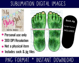 Ugly Feet, Hairy Feet, Monster Sock sublimation designs downloads, PNG Digital Clipart, free sock jig pattern included