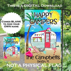 Happy Camper Beach Garden Flag sublimation design downloads, PNG, Digital Clipart- Add your own name