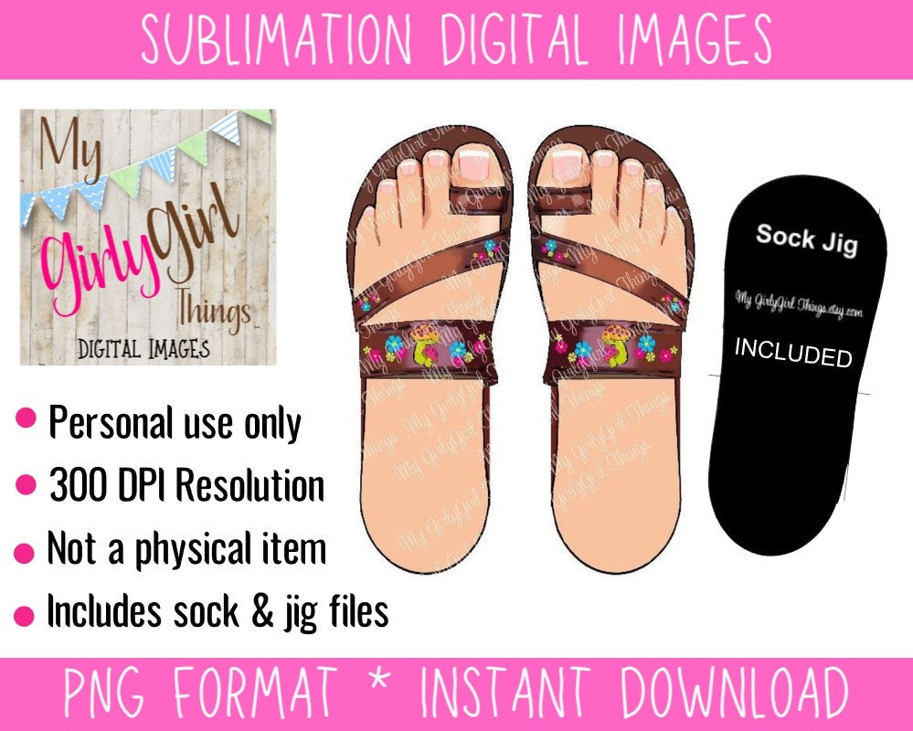 Hippie Leather Sandal Sock Sublimation digital download PNG flip flop, free sock jig included
