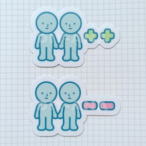 May include: Two blue stick figures holding hands with two green plus signs next to them. Below, two blue stick figures holding hands with two pink minus signs next to them.