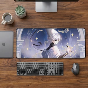 May include: A rectangular mousepad featuring a digital illustration of a character with white hair, an eye patch, and a white and black outfit. The background is a blue and white fantasy scene with stars and architectural elements.