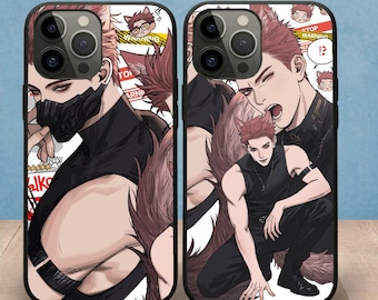 May include: Two black smartphone cases featuring anime-style illustrations of a character with reddish hair and animal ears. One case shows a close-up with a black face mask, while the other depicts the character crouching with a tail and text reading WARNING.