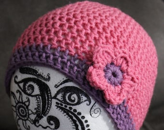 Emma Hat in raspberry pink and plum purple with Original Daisy Flower - Child-S