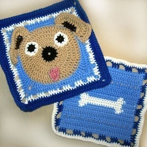 Ruff the Dog and Bone Granny Square Crochet PATTERN - Original - 2 different squares - PDF - Immediate Download