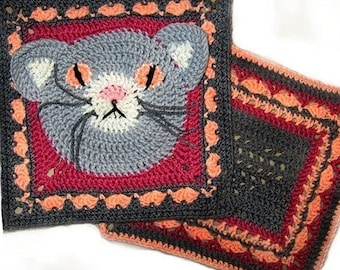 Cat , Heart - Granny Square - Crochet PATTERNs, 2 large squares, PDF, Animal. Immediate Download