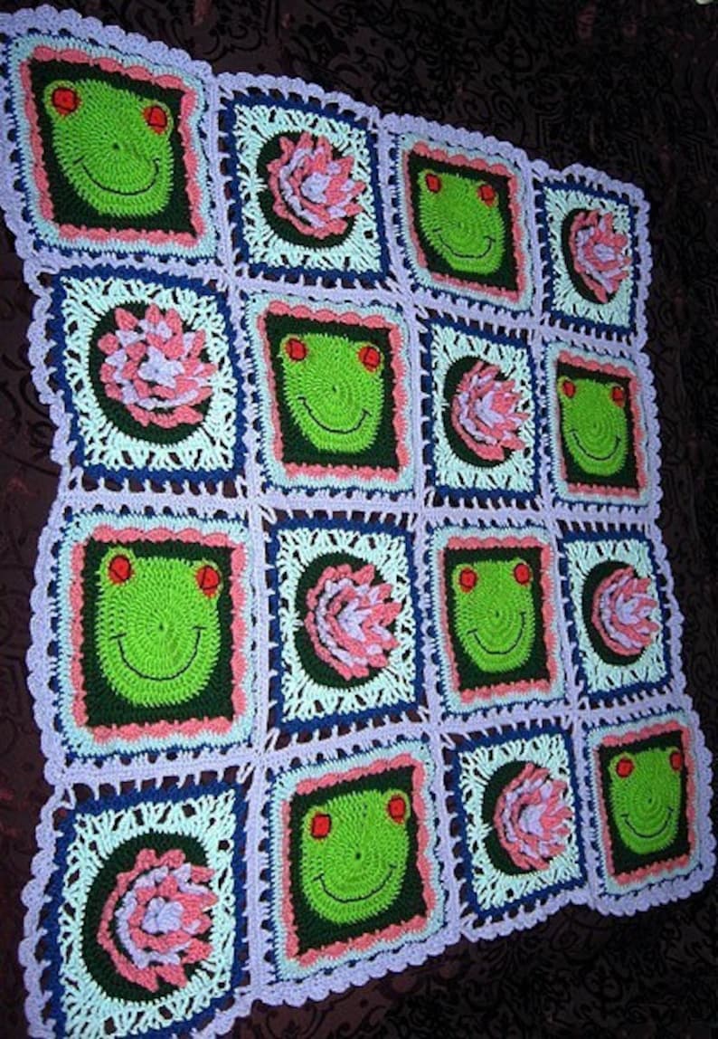 Frog, Flower Granny Square PATTERNS, PDF, Crochet, Animal, Frog, Flower, Lily, Lilypad, 2 different large squares Immediate Download image 2