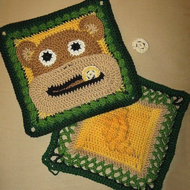 Bruno the Monkey and Banana Granny Square Crochet PATTERN 2 different squares PDF Immediate Download image 1