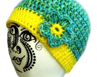 Emma Hat in Teal Multicolor and Yellow with Original Daisy Flower - XS-M