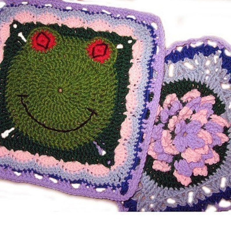 Frog, Flower Granny Square PATTERNS, PDF, Crochet, Animal, Frog, Flower, Lily, Lilypad, 2 different large squares Immediate Download image 1