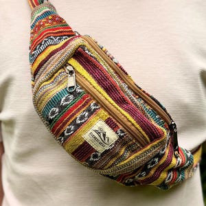 Tribal bomullsnjurväska | Handgjord hippiebältesväska | Färgglad boho magväska